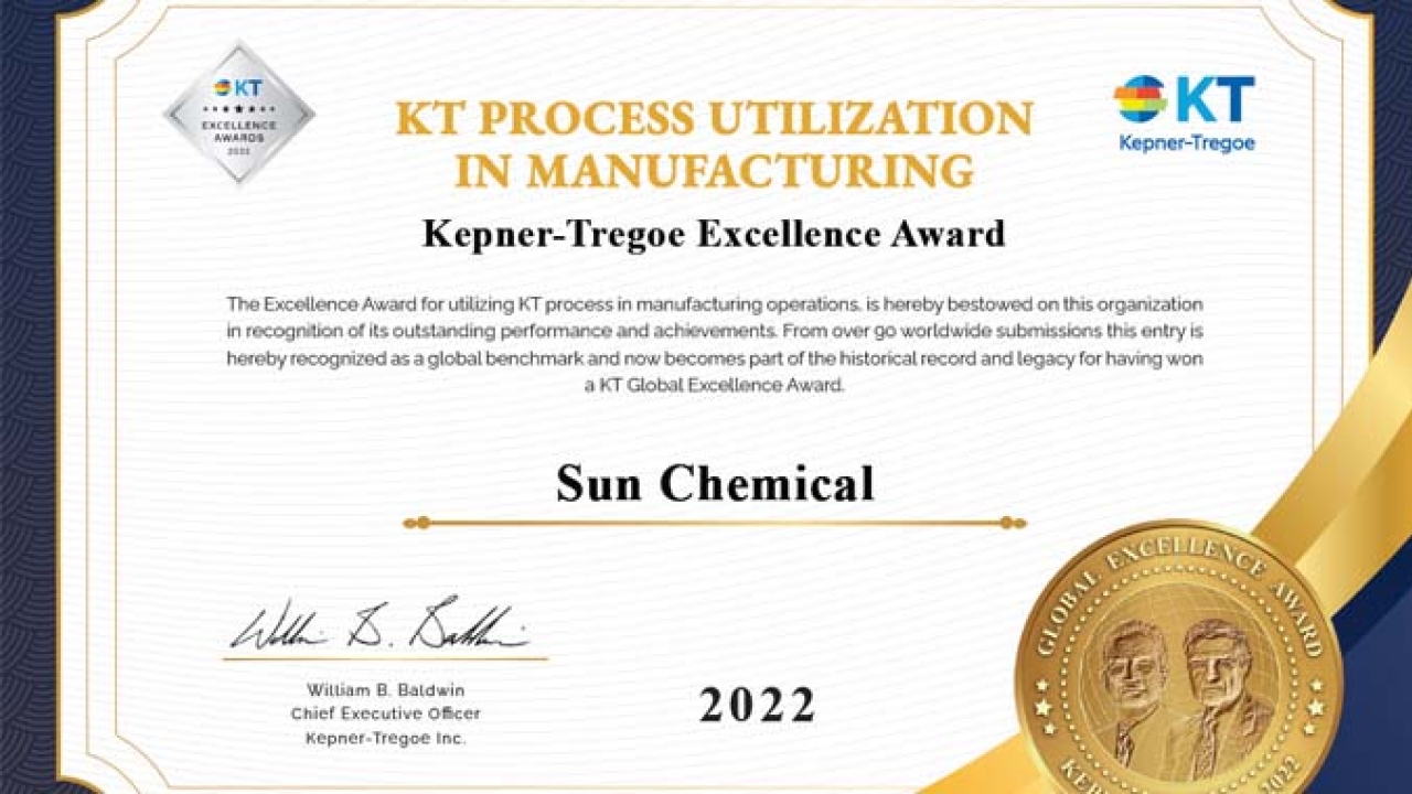 Sun Chemical has won two awards at the Kepner-Tregoe Excellence Awards