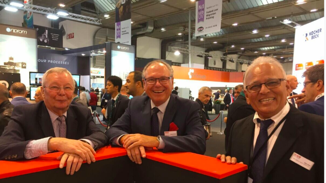 Taken at Labelexpo Europe 2017, this picture shows 150 years of industry experience: L&L founder Mike Fairley, Denny McGee and Dilip Shah, MPS Systems North America