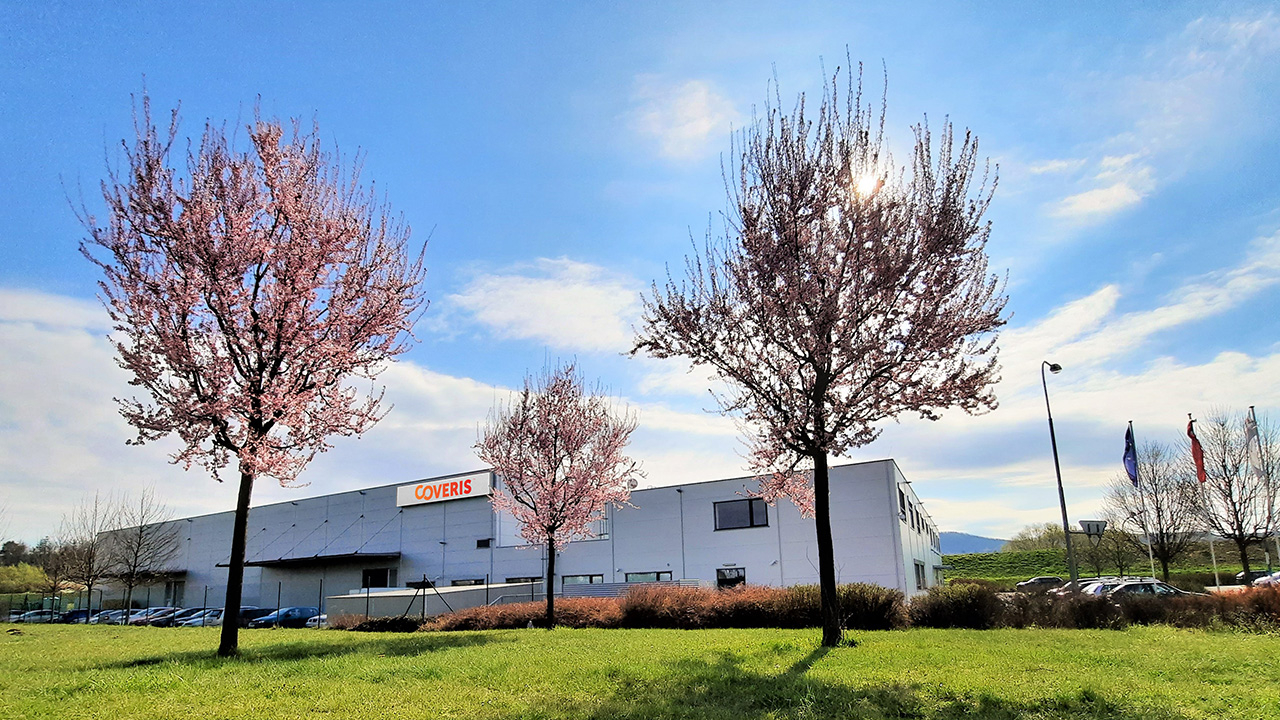 Coveris Brno building behind three trees