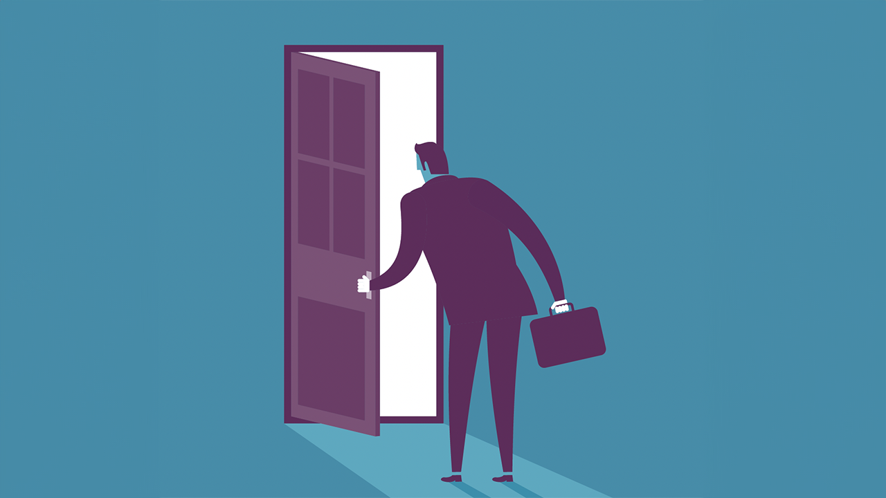 An illustration of a man in a suit holding a briefcase and opening a door