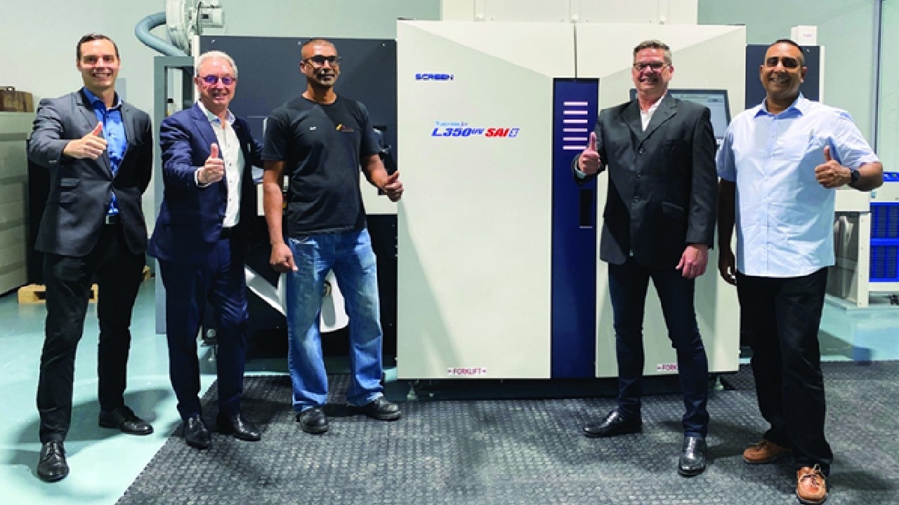 (L-R) Pascal Aengenvoort, sales director, Rotocon, Michael Aengenvoort, CEO, Rotocon Group, Basil Odiar, machine operator and floor manager, Avvo Labels, Banie Stafford, B.Creative marketing and Akhmuth Sayed, Durban branch manager, Rotocon  