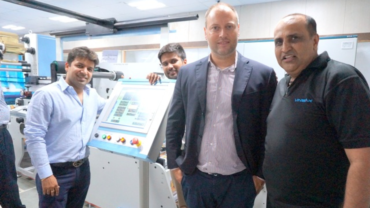 Saurabh and Anubhav Jain, directors, A&A Labels with Massimo Lombardi, international sales manager, Lombardi Converting Machinery and Ranesh Bajaj, director, Vinsak Saurabh and Anubhav Jain, directors, A&A Labels with Massimo Lombardi, international sales manager, Lombardi Converting Machinery and Ranesh Bajaj, director, Vinsak