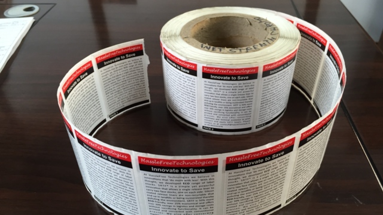 Sample of SRTF labelstock technology that HassleFree Technologies will showcase at Labelexpo Europe 2015 Sample of SRTF labelstock technology that HassleFree Technologies will showcase at Labelexpo Europe 2015
