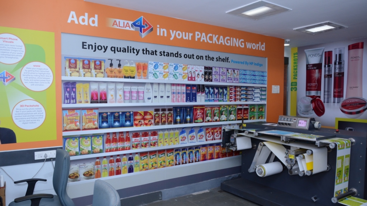 Alia Creative Consultants has redesigned its office to resemble a supermarket showcasing the high-value applications printed on the HP digital press