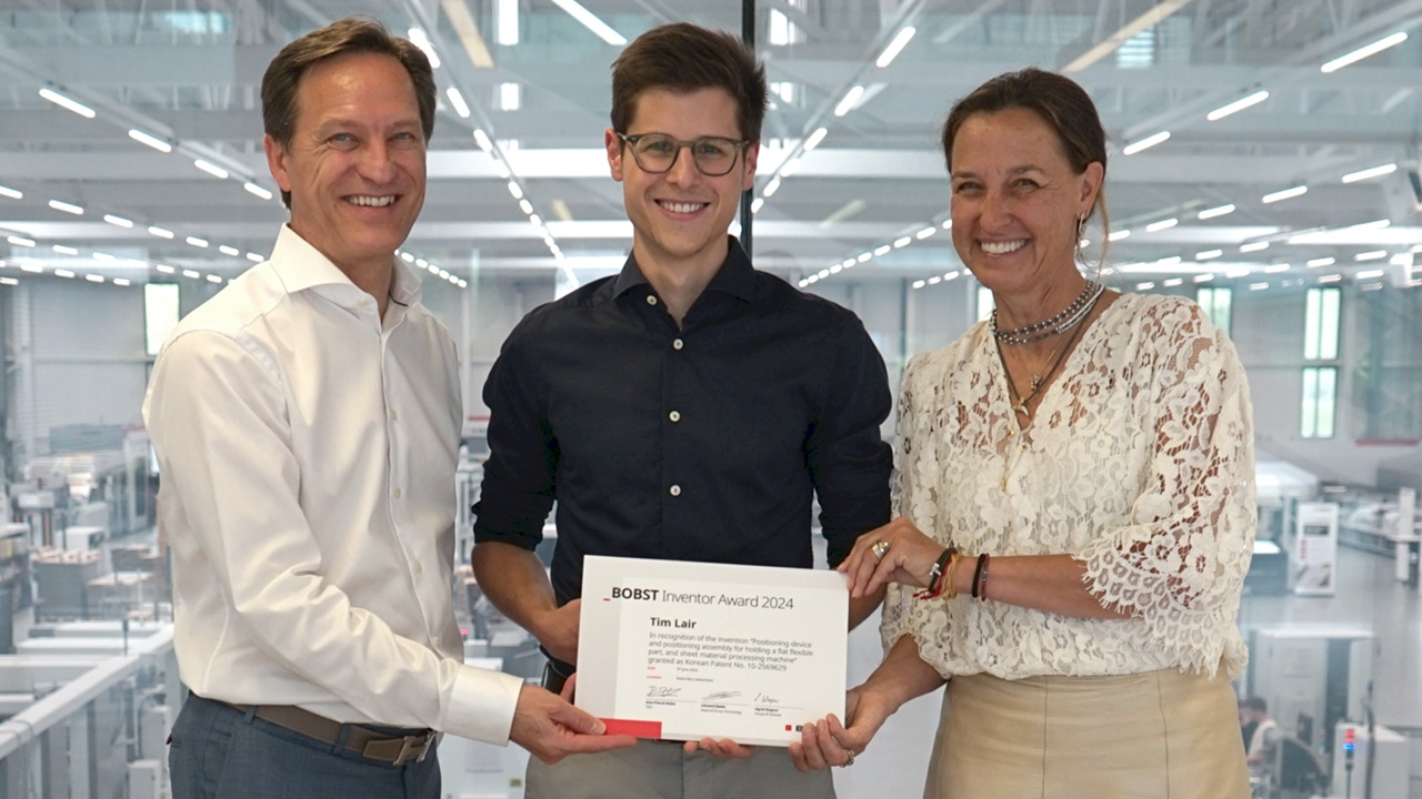 L-R: Jean-Pascal Bobst, CEO of Bobst Group; Tim Lair, additive manufacturing engineer and Sigrid Wagner, Bobst Group IP director.
