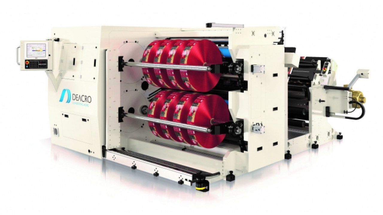 Deacro’s Model T800 duplex twin-turret slitter, which provides unloading of finished rolls and core set-up while simultaneously running web. Deacro’s Model T800 duplex twin-turret slitter, which provides unloading of finished rolls and core set-up while simultaneously running web.