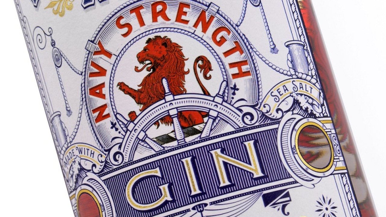 The design of the Navy Strength edition allows the image of a red lion on the reverse of the back label to be seen within the front label design The Label Makers updates labels for UK gin distillery