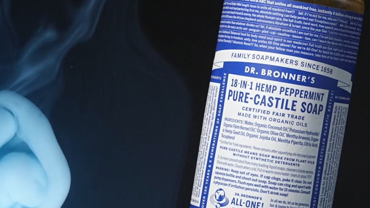 The Dr. Bronner's Peppermint Soap label