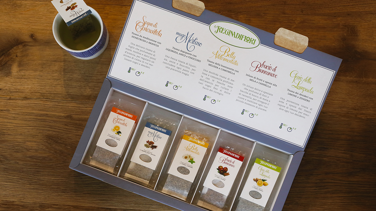 A variety of Vicentini tea bags in a box