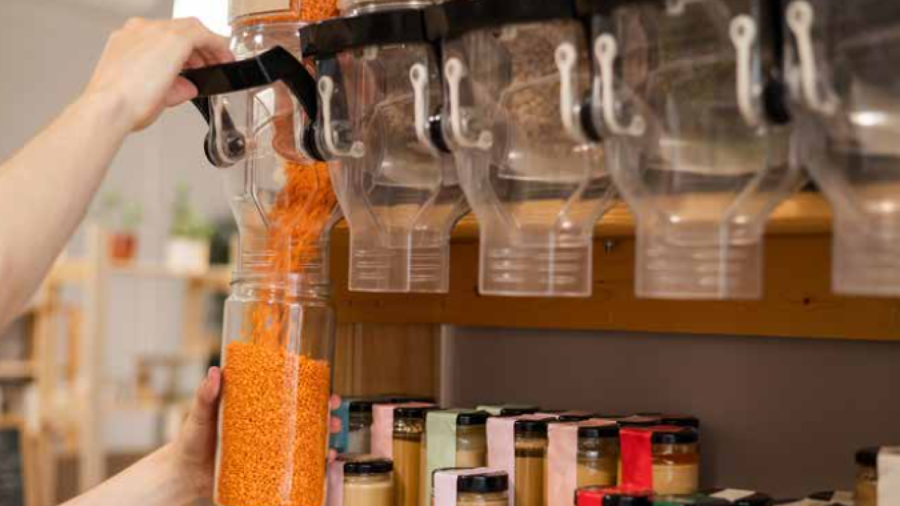 The use of refillable containers is one way supermarkets are reducing their packaging footprint The use of refillable containers is one way supermarkets are reducing their packaging footprint