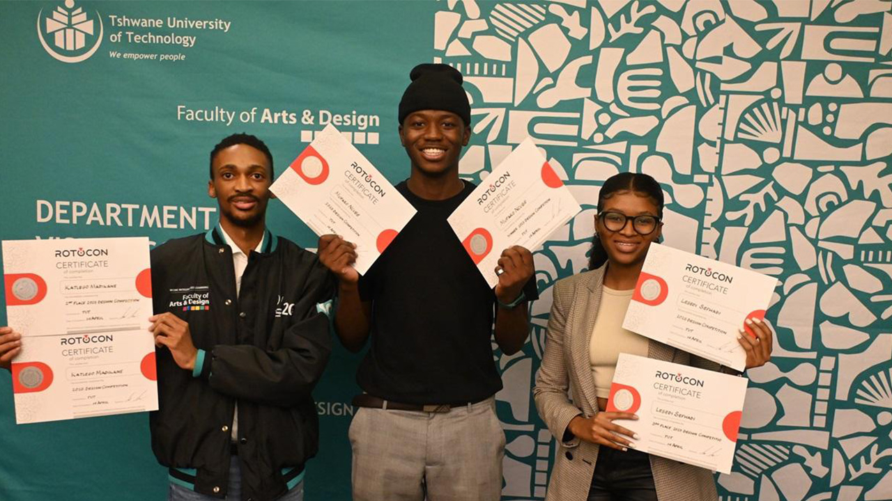The winning trio of the 2025 Rotocon Wine Label Design Competition. (L-R) runner-up Katlego Madikane, overall winner Mufaro Ncube and second runner-up Lesedi Sephadi