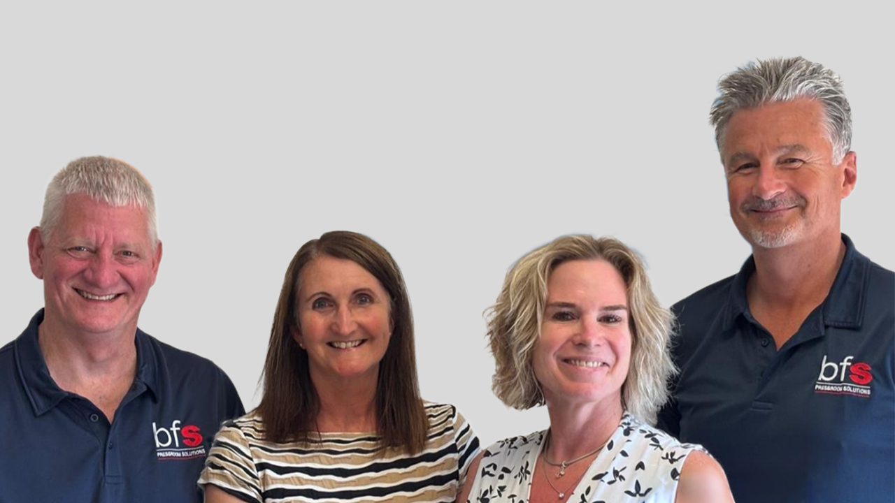 BFS Pressroom Solutions senior management team (L-R): Paul Kowalik, Sarah Kowalik (née Hope), Nicky Hope and Robin Hope.
