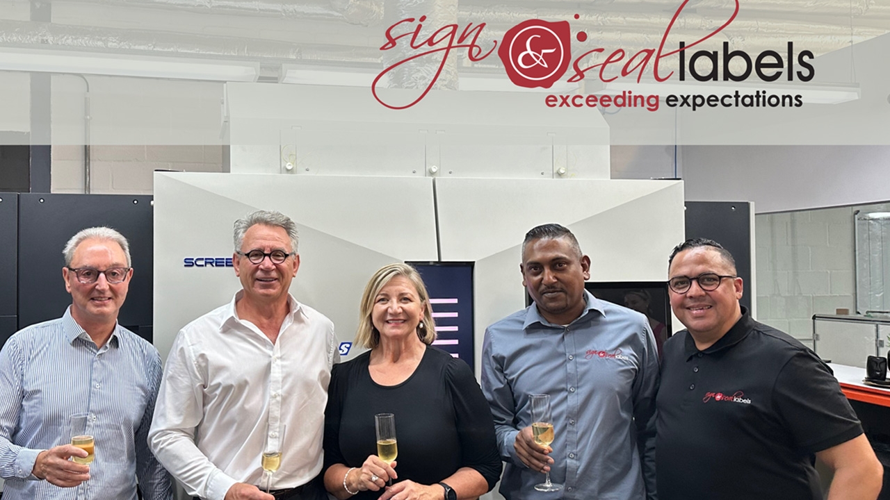 L-R: Michael Aengenvoort, Rotocon group CEO; Henk and Christa Crous, owners of Sign & Seal; Reuben Naidoo, general manager at Sign & Seal and Heiden Meyer, production manager Sign & Seal celebrate the latest equipment installation