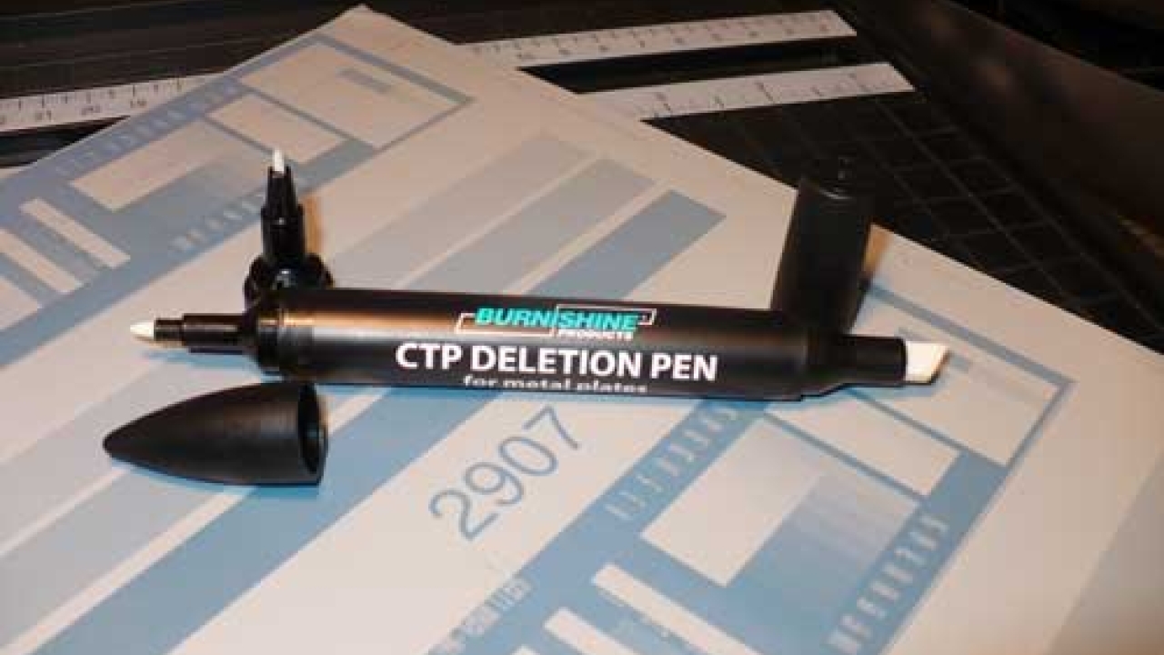 Burnishine offers a range of deletion pens for platemaking environments, and has added a fine tip to its version for Fujifilm baked plates