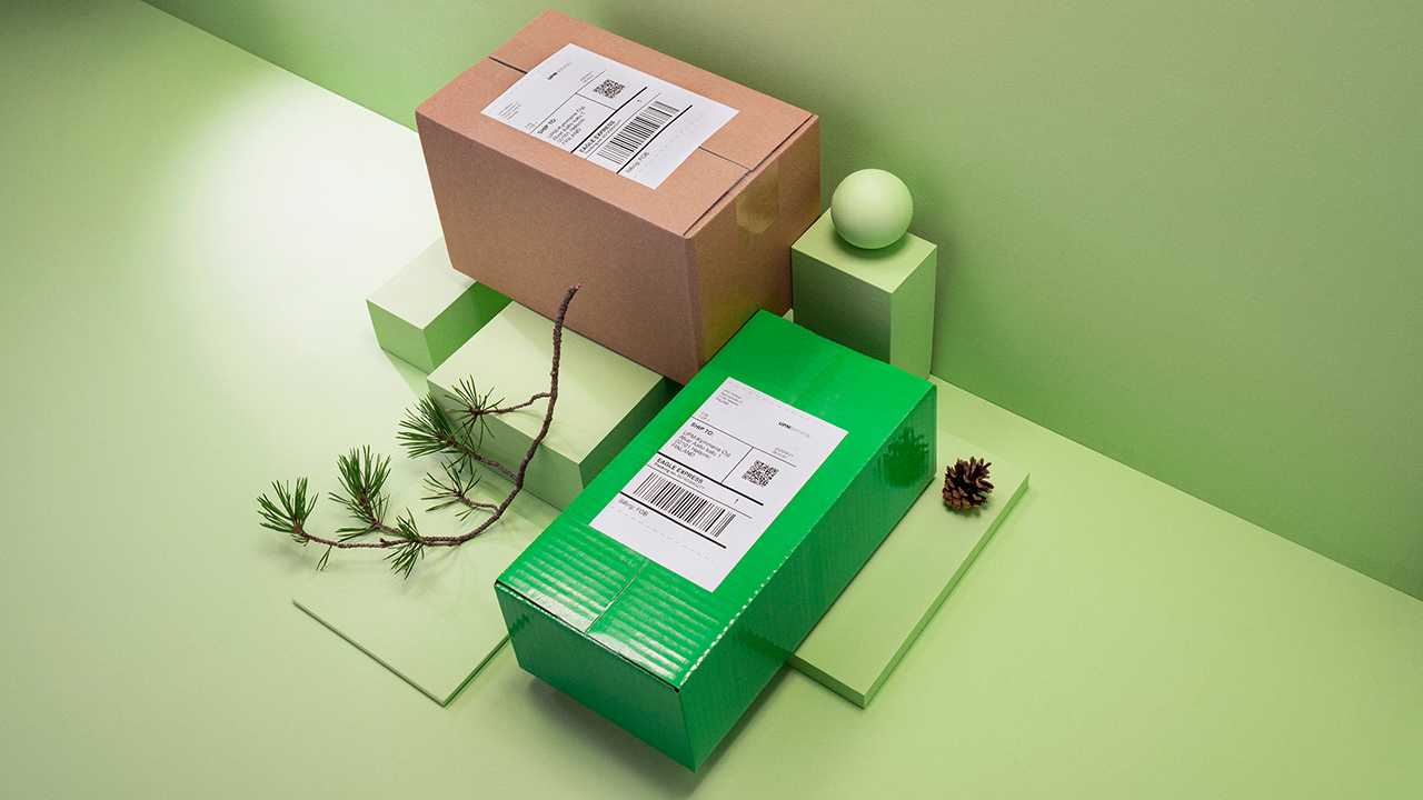 Brown and green corrugated boxes with labels