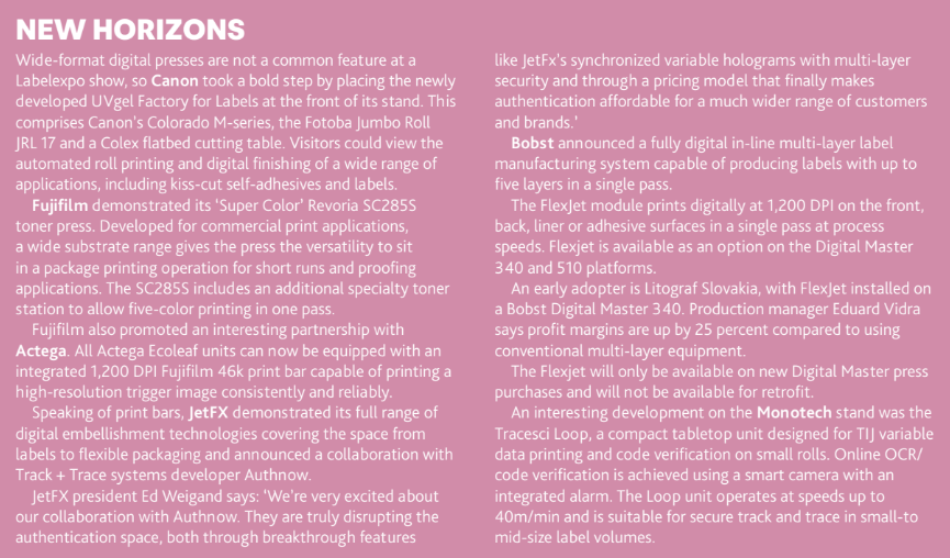 sidebar on new digital printing technologies at Labelexpo