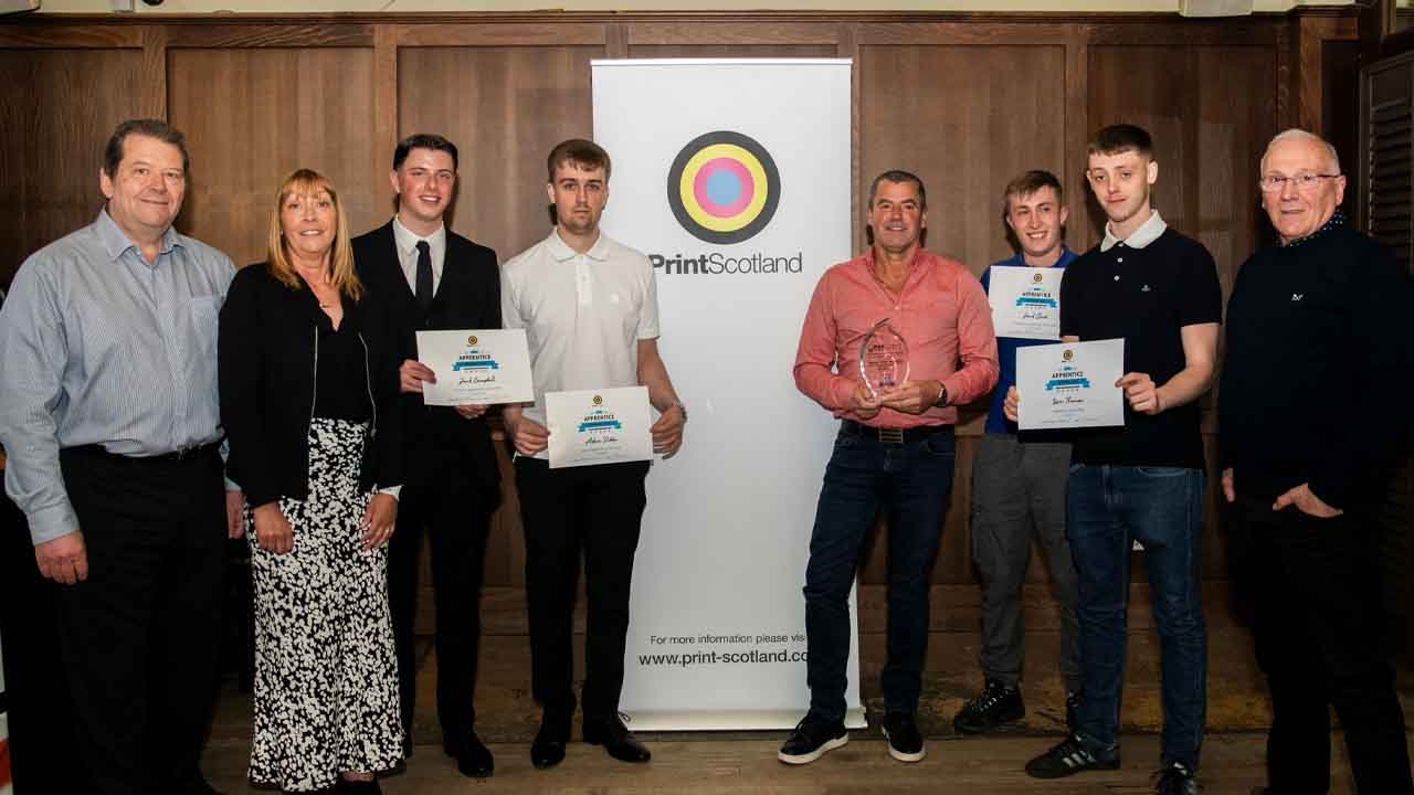 (L-r) Garry Richmond, director of Print Scotland; Susan Graham, president of Print Scotland, Jack Campbell; Adam Dobbie; Gordon Sally; Jack Clark; Liam Thomson; Jim McKenzie, Apprentice Trainer