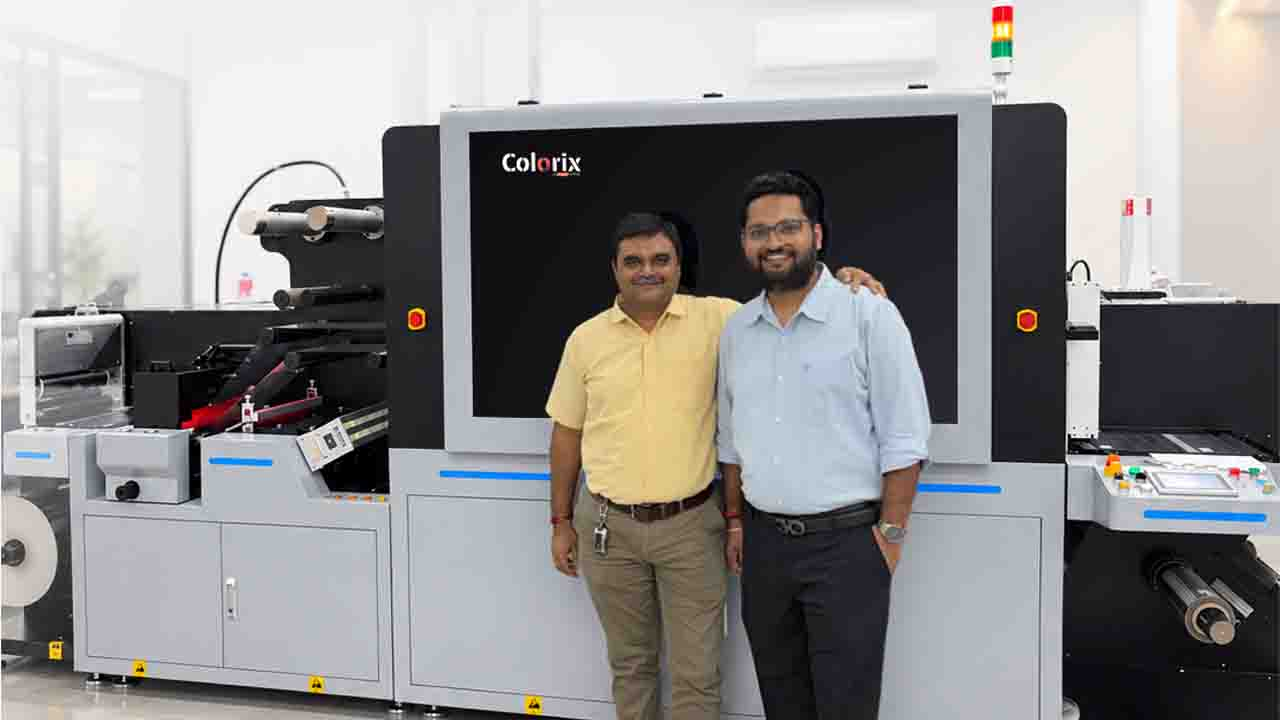 (L-R) Nikunj Shah, director, Artisan Venture with Hariom Dave, head of department HOD – label and publication division, Orange O Tec, alongside the newly installed Jetrix-E hybrid digital label press at Artisan Venture, Ahmedabad. 