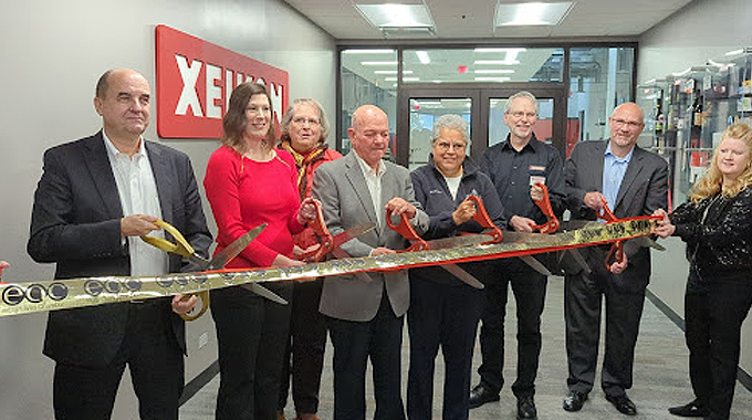 L-R: Benoit Chatelard, CEO of Xeikon; Danielle Voght, service operations manager at Xeikon; Carol Gieske, president and CEO of Elgin Area Chamber of Commerce; David Kaptain, Elgin mayor; Rosamaria Martinez, Elgin councilwoman; James Quan, Xeikon customer Innovation Center manager; Patrick McCarthy, VP of Xeikon global customer operations; and Amy Klinger, Xeikon Elgin office administrator.