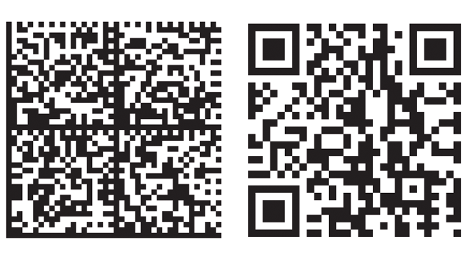 Figure 1.5 - Examples of two-dimensional codes. Left- Two-dimensional matrix code. Right- A Quick Response (QR) code