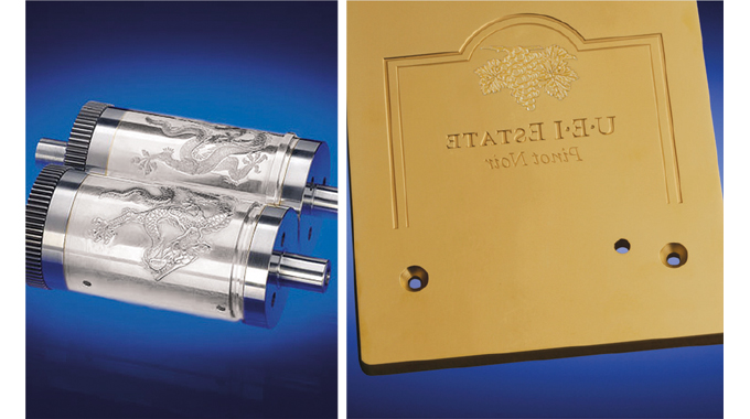 Figure 1.5 - UEI Falcontec Unisphere aluminium rotary embossing dies (left) and flat brass embossing die (right) Figure 1.5 - UEI Falcontec Unisphere aluminium rotary embossing dies (left) and flat brass embossing