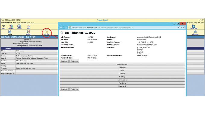 Figure 1.5 Viewing of the job ticket on the shop floor using Tharstern MIS software without the need to re-key any information. Re-orders can also be quickly expedited through a simple job duplication Figure 1.5 Viewing of the job ticket on the shop floor using Tharstern MIS software without the need