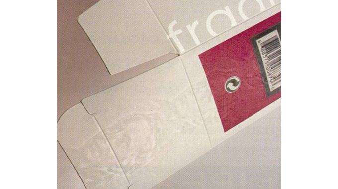 Figure 3.6 - A mold watermarked paper lined onto a pasteboard carton provides good visibility in reflected light Figure 3.6 - A mold watermarked paper lined onto a pasteboard carton provides good visibility in ref