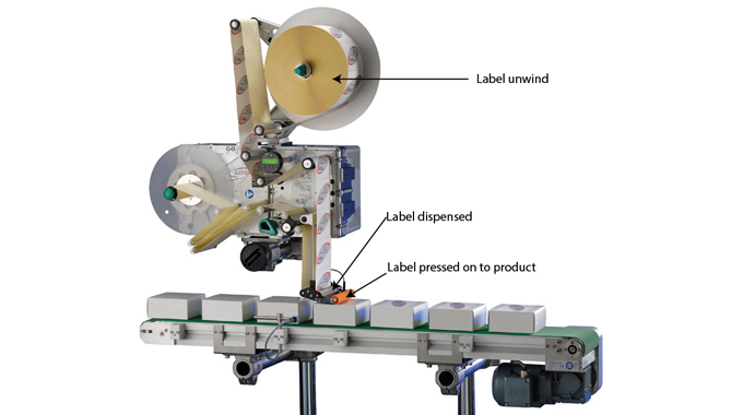 Figure 4.1 - The label reel unwinds, a label is dispensed at the beak and pressed onto the product to provide adhesion. Photo courtesy of Accraply