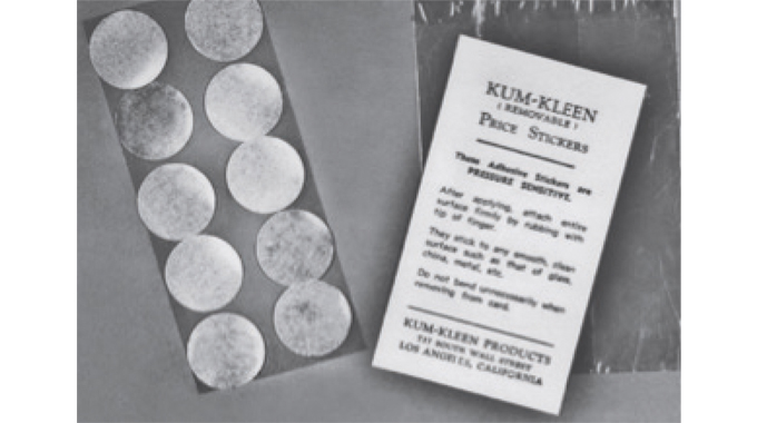 Figure 4.1 Early Kum-Kleen pressure sensitive labels, first produced in Europe by Sessions of York in 1938