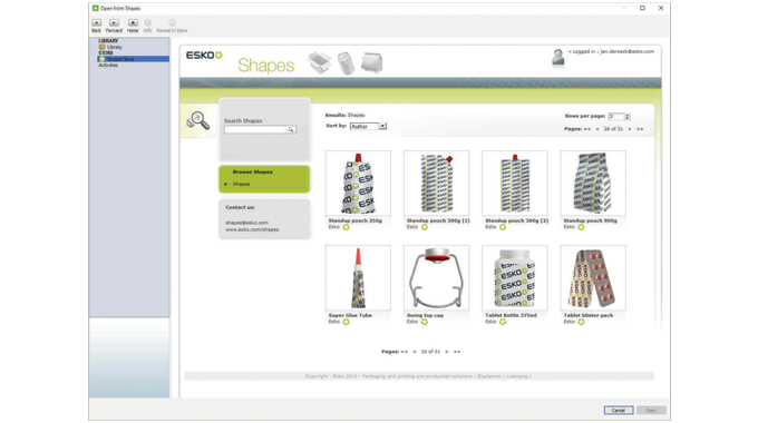 Figure 4_1 A sample page from the Esko Shapes Store showing different types of pouches