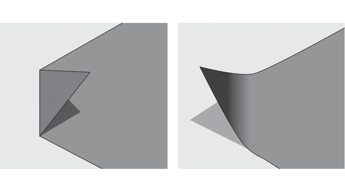 Figure 5.8 - Testing for stock suitability. Hand-fold a corner of paper stock amd check springback. If the paper holds fold 180° to 190° (left) it is suitable for rotary embossing. If it holds 90° or less, it is unsuitable Figure 5.8 - Testing for stock suitability. Hand-fold a corner of paper stock amd check springback.