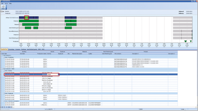 Figure 8.7 Job traceability report with production steps  (upper part), production, products and material consumption details (lower part) for one job. Source- Cerm