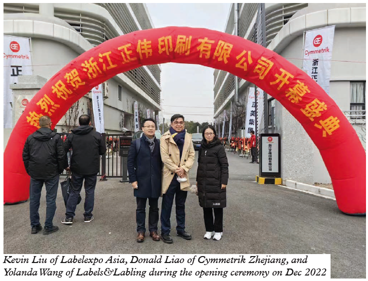 Kevin Liu of Labelexpo Asia, Donald Liao of Cymmetrik Zhejiang, and Yolanda Wang of Labels&Labling during the opening ceremony on Dec 2022