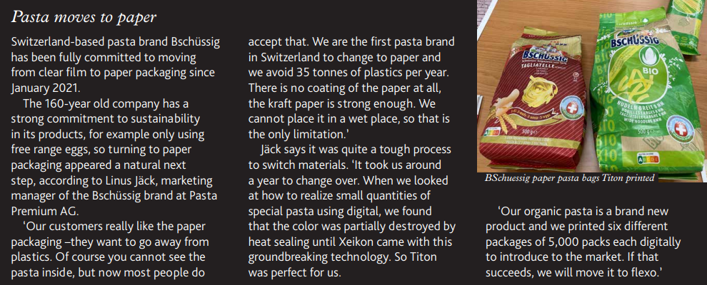 Switzerland-based pasta brand Bschüssig has been fully committed to moving from clear film to paper packaging since January 2021
