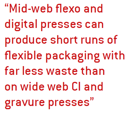 Mid-web flexo and digital presses can produce short runs of flexible packaging with far less waste than on wide web CI and gravure presses