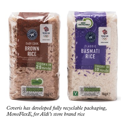 Coveris has developed fully recyclable packaging, MonoFlexE, for Aldi’s store brand rice