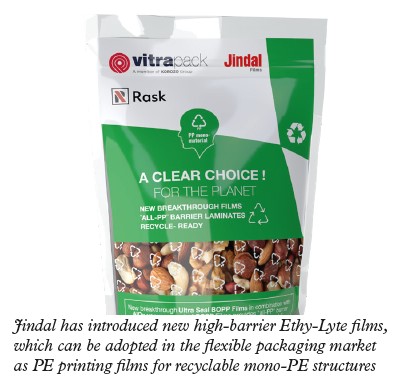 Jindal has introduced new high-barrier Ethy-Lyte films, which can be adopted in the flexible packaging market as PE printing films for recyclable mono-PE structures