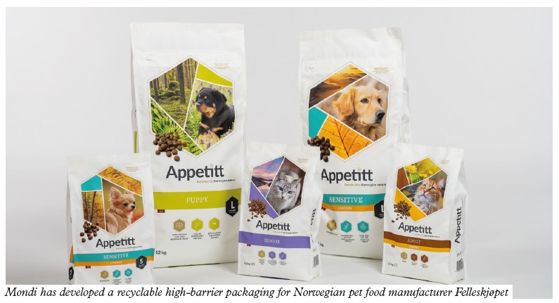 Mondi has developed a recyclable high-barrier packaging for Norwegian pet food manufacturer Felleskjøpet