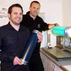 Craig Alderson (left), business development manager, and Lee Hazelton (right), pre-press technician, at MPH, with an SPGPrints’ RotaMesh screen