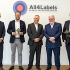 (L-R) Oran Sokol, global head of Strategic Accounts at HP Indigo; Adrian Tippenhauer, CEO at All4Labels; Haim Levit, SVP and GM at HP Industrial Print Business; Romeo Kreinberg, chairman of the Advisory Board at All4Labels; Günther Weymans, COO at All4Labels