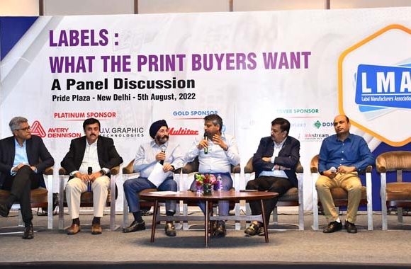 (L-R) Sanjeev Sharma, director, product management, Avery Dennison; Sanjay Ghoshal, senior general manager and head of packaging, Diageo India; Harveer Sahni,  chairman of Weldon Celloplast and director of LMAI;  Anil Namugade, founder and director of Trigon Digipack; Nirav Shah, founder of Letragraphix; Naveen Stuart, cluster packaging manager, Reckitt