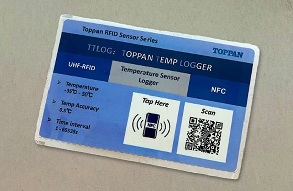 Toppan has developed a thin, card-sized temperature logger label that enables the temperature to be measured and recorded at regular intervals and data to be sent to a database via wireless networks