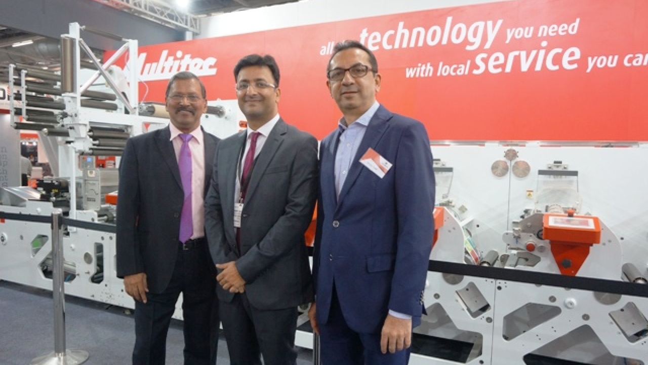 Pictured (from left): Sudhir Samant, vice president of business development at Multigraph Machinery; Amit Ahuja, managing director at Multitec; Sanjay Shah, Multigraph director at the Multitec stand on day one of Labelexpo India 2016