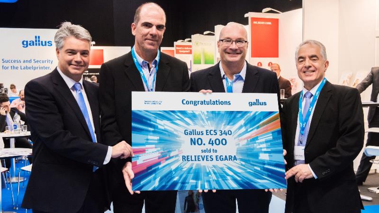 Pictured: Emilio Ferrari (right), sales manager of Gallus market region South Europe and Josep Lopez (left), Gallus sales manager in Spain, with the new owners of Gallus ECS 340 No 400 – Josep Gamundi (second from right), CEO of Relieves Egara, and Juan José Ariño (second from left), financial manager