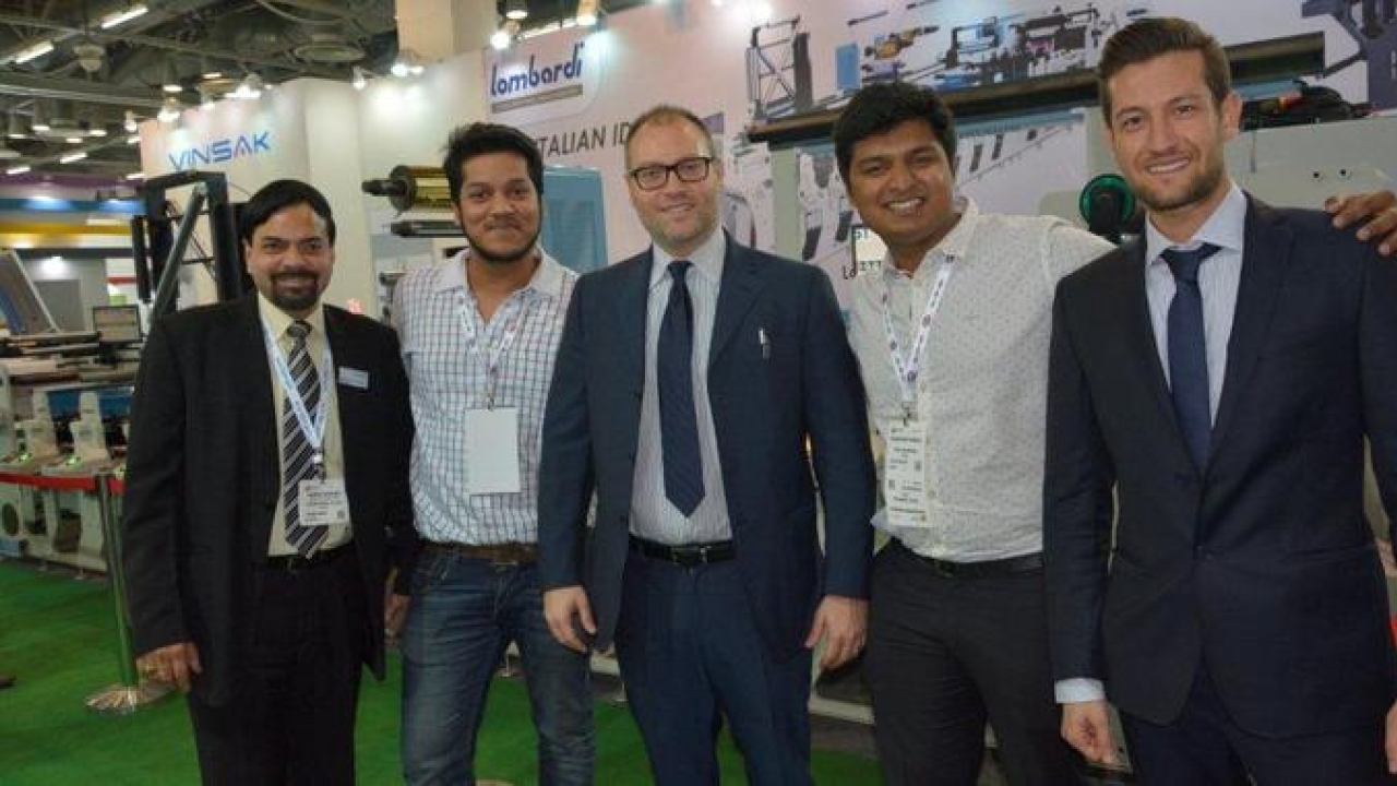 Pictured (from left): Shashwat and Shivam Bansal, partners at Excel Graphics; Massimo Lombardi, international sales manager and Nicola Lombardi, marketing manager at Lombardi; Neeraj Sharma, executive director at Vinsak