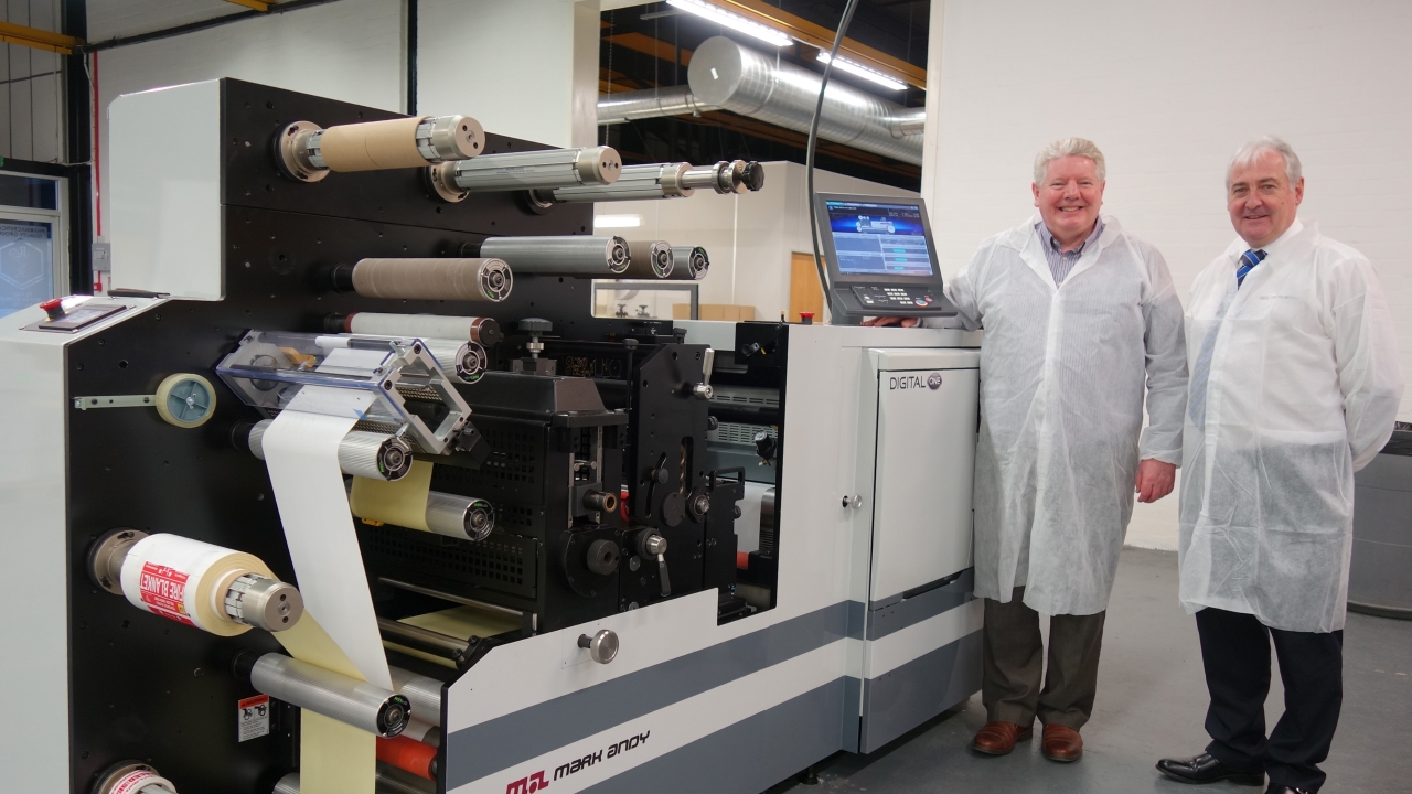 CV Labels’ Bob Veitch (left) with Paul Macdonald (right) of Mark Andy UK and the first Digital One press to be installed in the UK