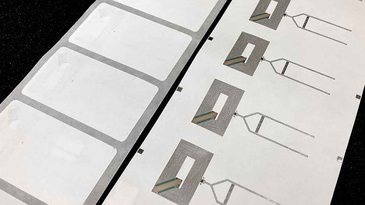 Eco-friendly NFC tag label (left) and paper-based antenna substrate (right)