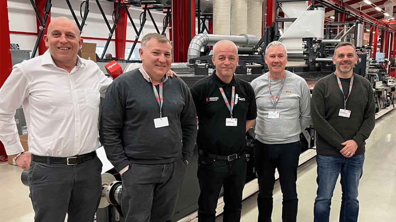 (L-R) Nick Hughes, managing director at Nilpeter, Warren Brennan, Warren Brennan, operation manager, MM Packaging, Tom Lees, Des Howell, Wayne Barrett