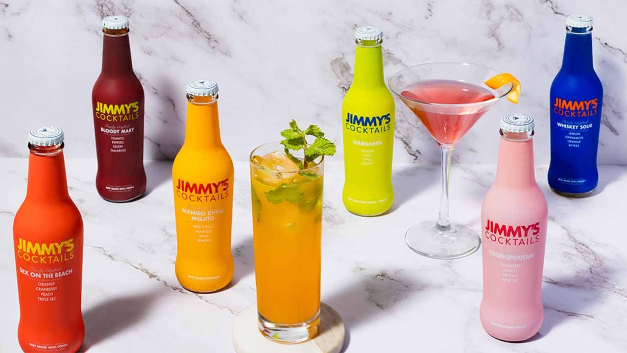 Jimmy’s Cocktails original minimalist design, feature bright-colored shrink sleeves with text in contrasting colors