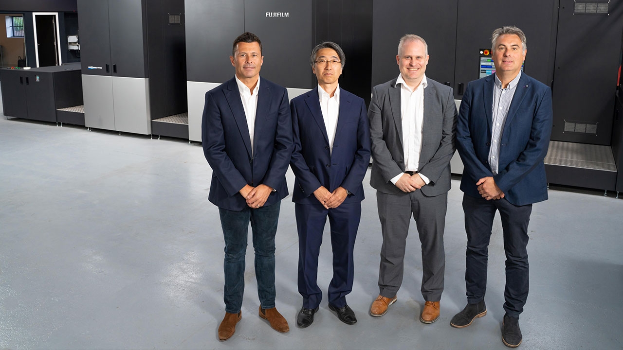 L-R: Simon Buswell, director of Eco Flexibles; Taku Ueno, senior vice president of graphic communication division of Fujifilm Europe; Manuel Schrutt, head of packaging at Fujifilm Europe and Matt Francklow, director of Eco Flexibles.